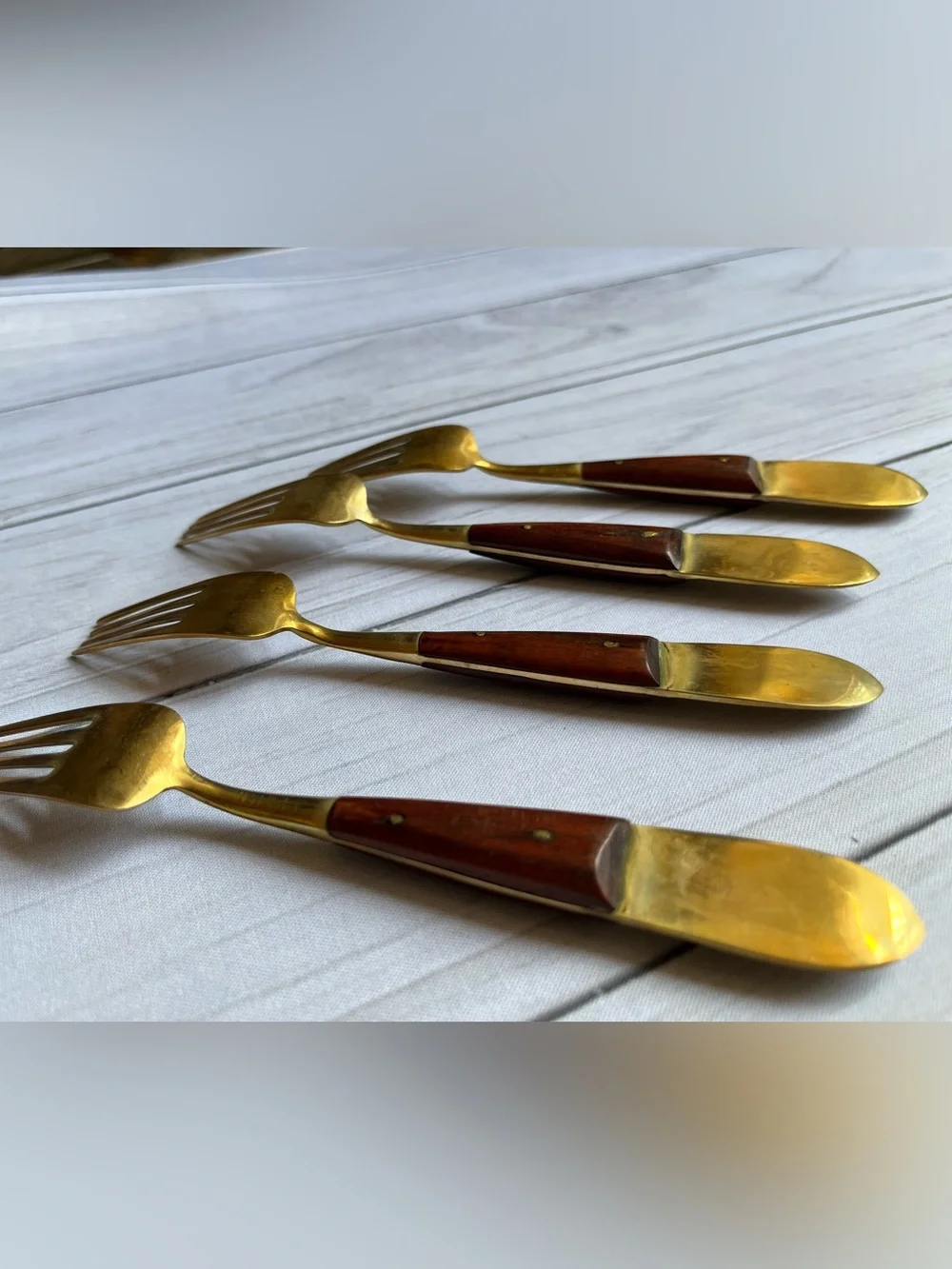 Vintage Siamese/Thai brass & rosewood cocktail appetizer salad dessert fork. 4pc